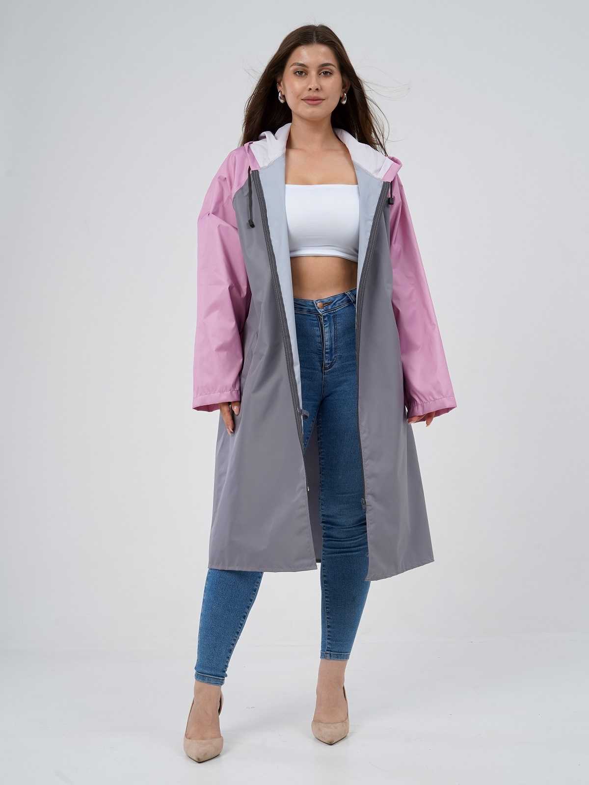 Дождевик over size с карманами Серый/розовый
