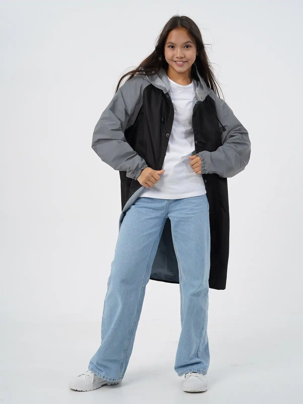 Подростковый дождевик-плащ Черный/светоотражайка