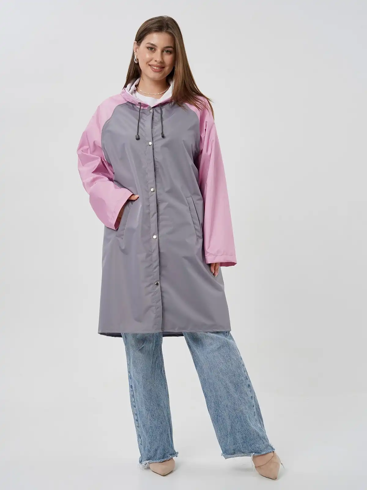 Дождевик с карманами Серый/розовый