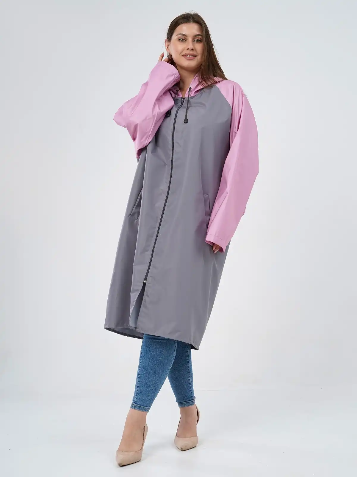 Дождевик over size с карманами Серый/розовый